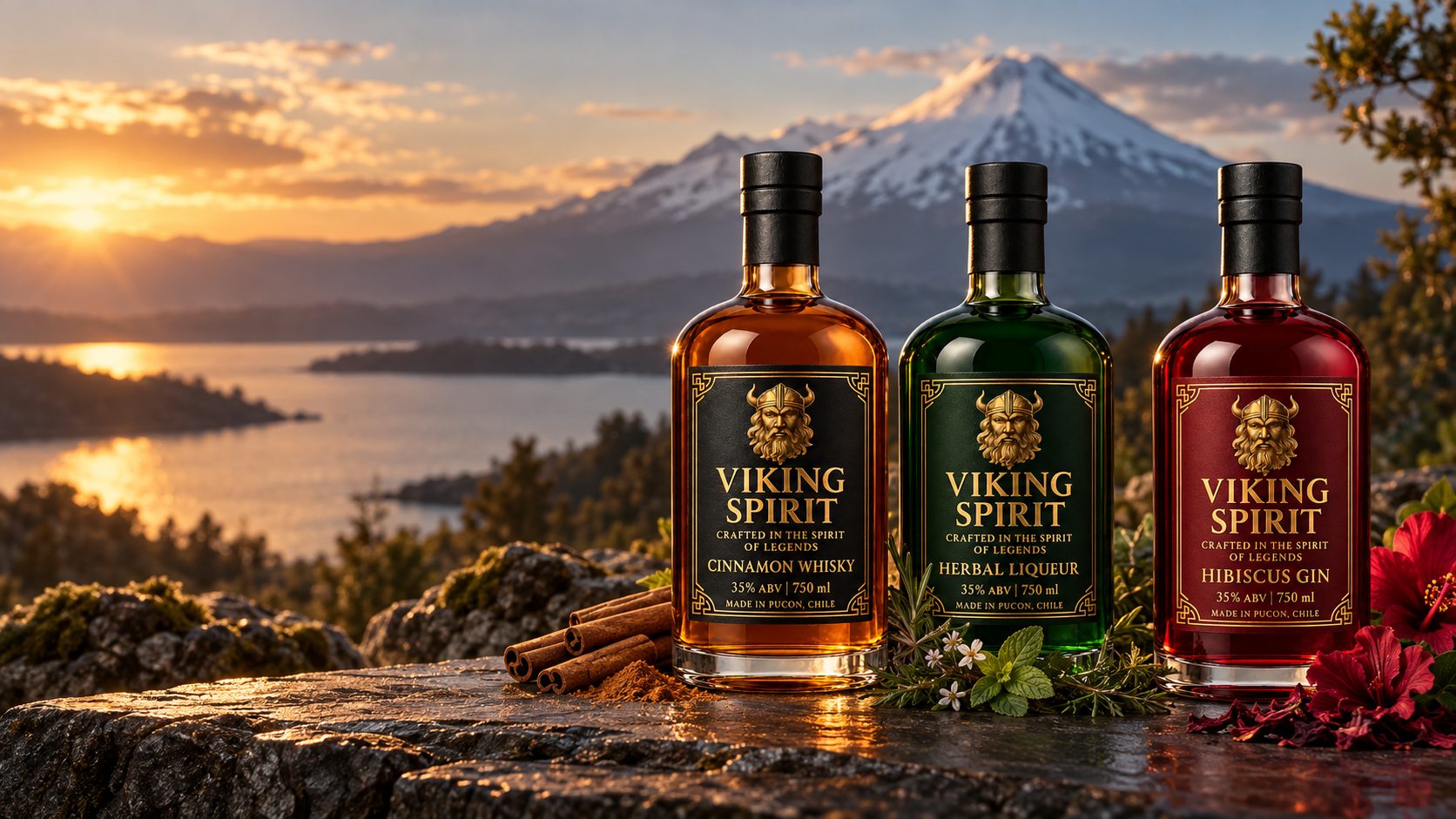 Colección Viking Spirit frente al Volcán Villarrica y el lago de Pucón al atardecer