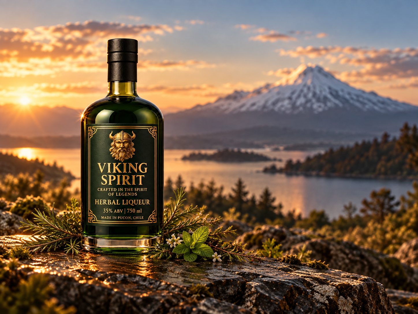 Botella Viking Spirit Herbal Liqueur con romero, menta y el Volcán Villarrica al fondo.